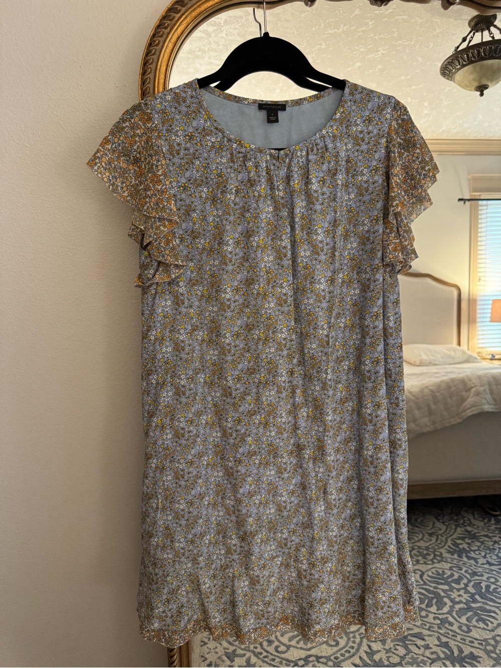 Ann Taylor Baby Blue Floral Ruffle Sleeve Shift Dress with Mustard Accents